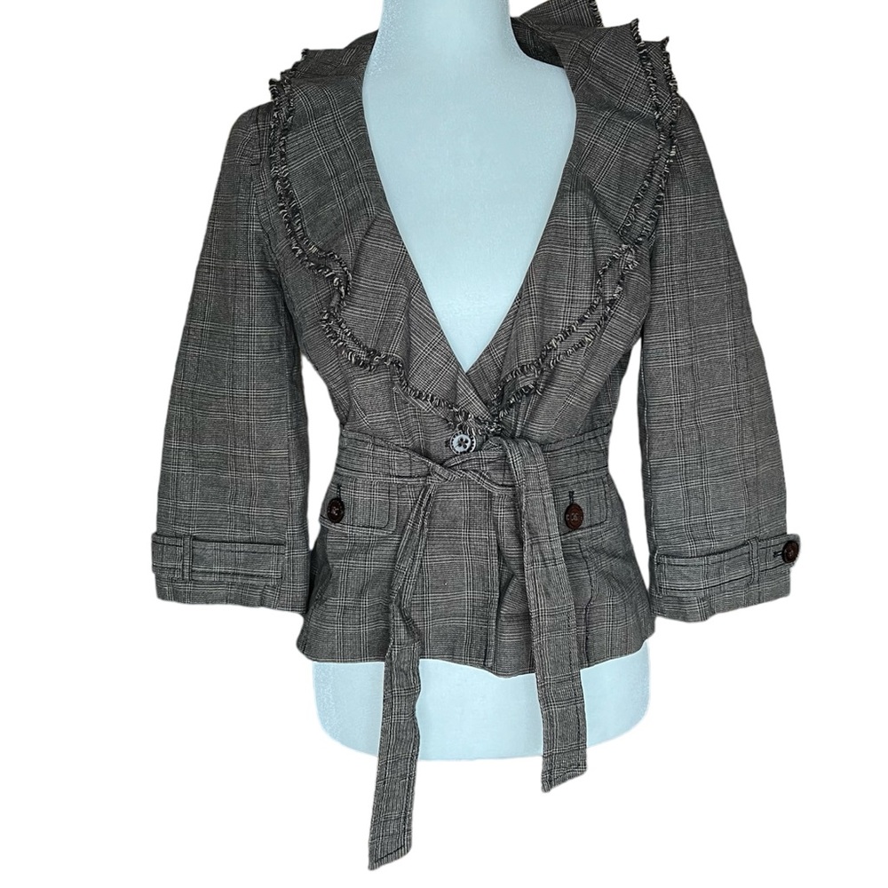 Ann Taylor Loft plaid ruffle belted blazer jacket